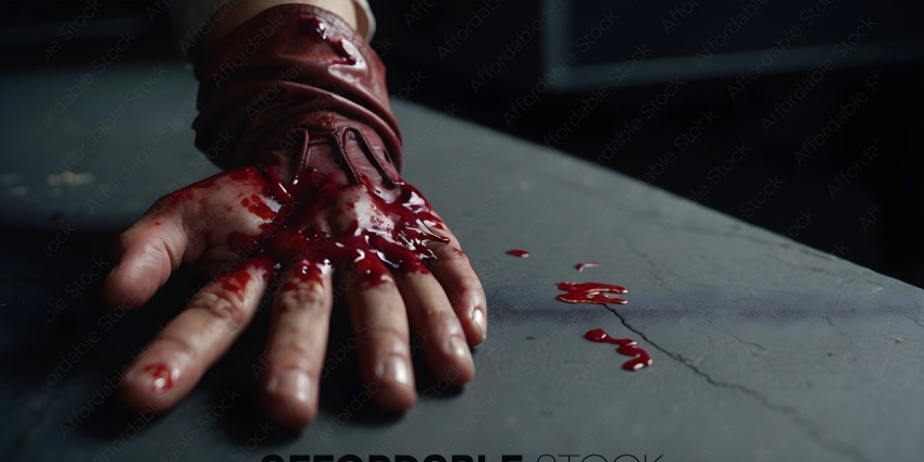 A bloody hand with a leather glove