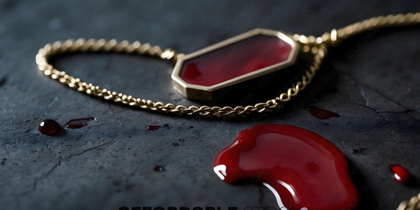 Red Jewelry on a Gold Chain with Red Liquid on the Ground