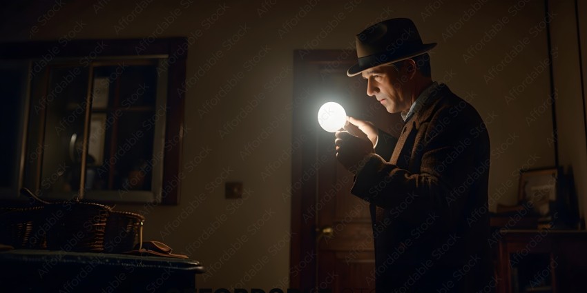 Man in a suit looking at a light bulb