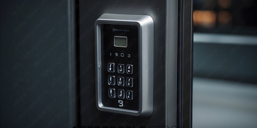 A silver and black electronic lock with a keypad