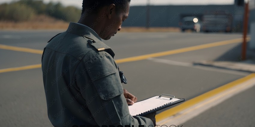 A man in a uniform is writing something down