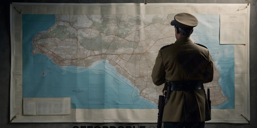 A man in a military uniform is looking at a map