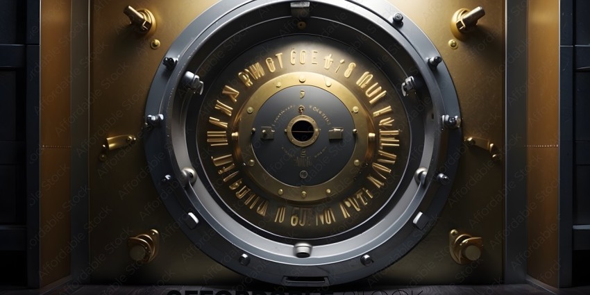 A gold lock with a combination of letters and numbers