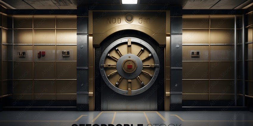 A large gold vault door with a red button in the center