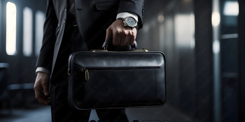 A man wearing a suit carrying a briefcase and a watch