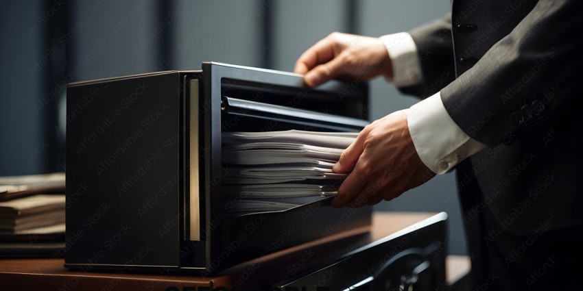 A person is reaching into a filing cabinet