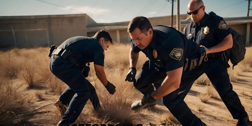 Two police officers searching for something in the desert