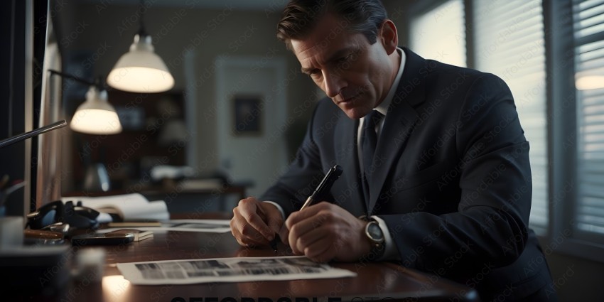 Man in suit writing with pen