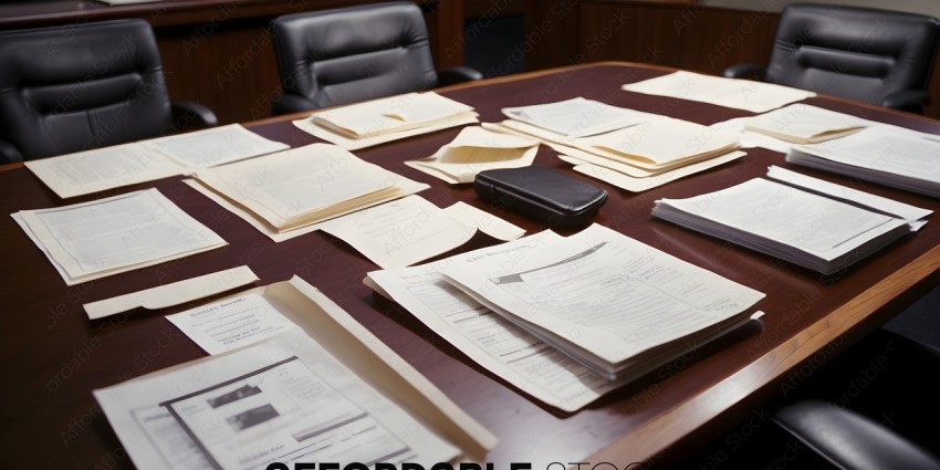 A cluttered desk with papers and a black case