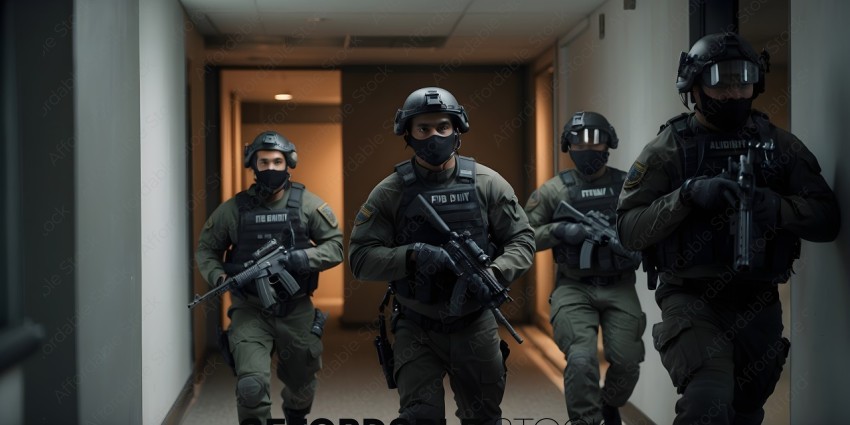 Military Police with weapons in hallway