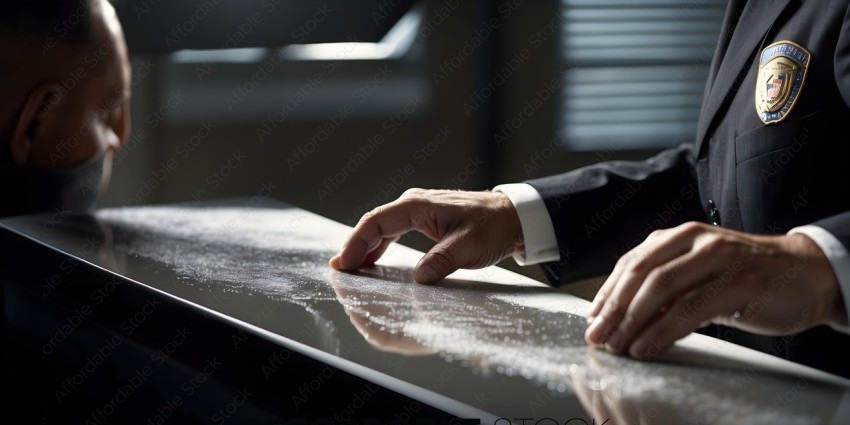 A man in a suit is sprinkling sugar on a table