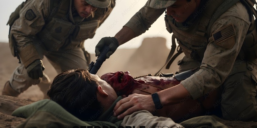 Soldiers check on a wounded man