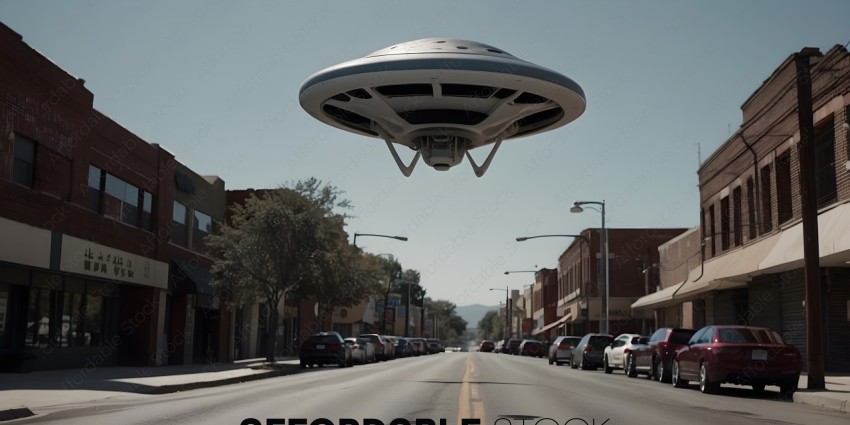 A UFO is hovering over a city street