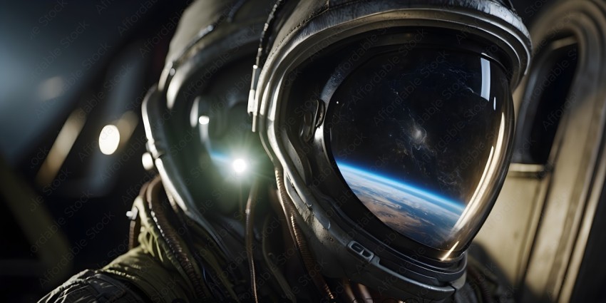 A close up of a space helmet with a view of the earth