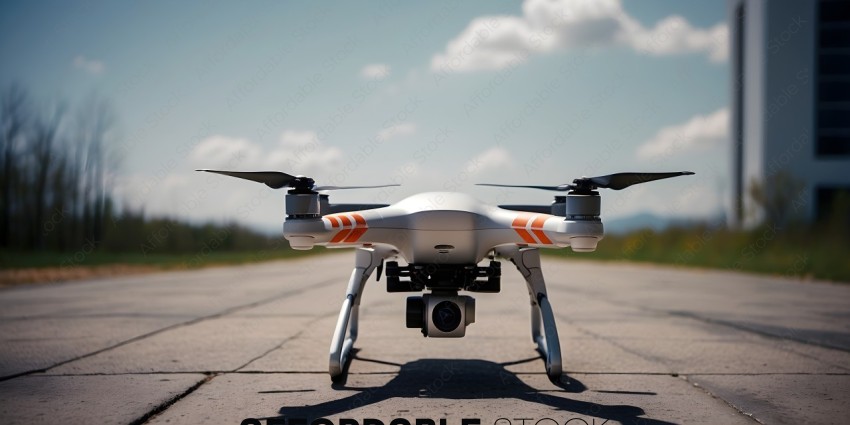 A white drone with orange stripes on the bottom