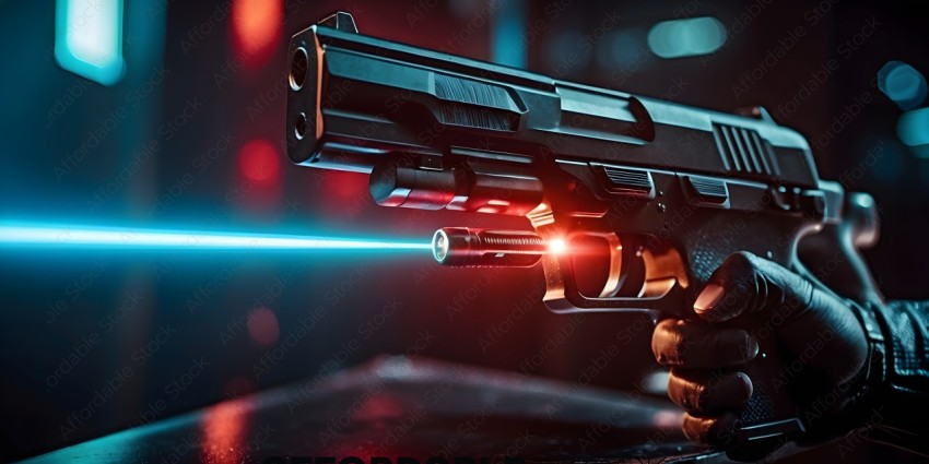 A close up of a gun with a blue light coming out of the barrel