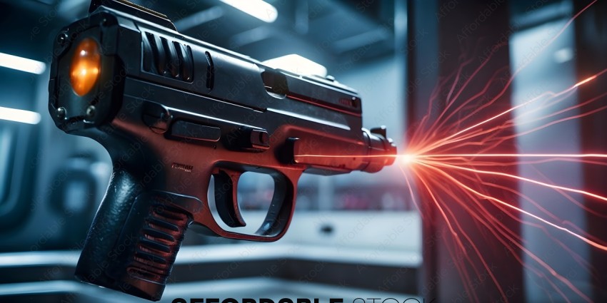 A gun with a red laser beam coming out of it