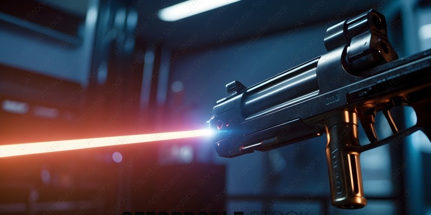 A futuristic gun with a red laser beam