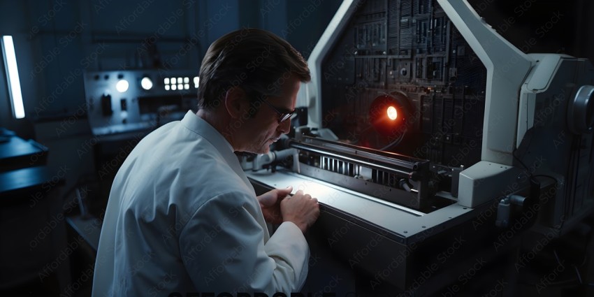 A scientist examines a piece of equipment