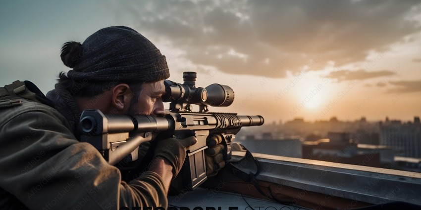 Man with rifle aiming at sunset