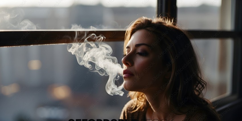 A woman smoking a cigarette in a brown shirt