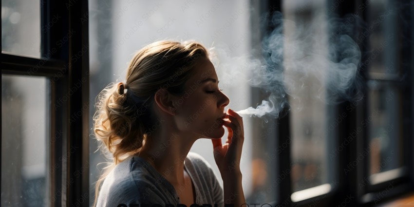 A woman smoking a cigarette in a dimly lit room
