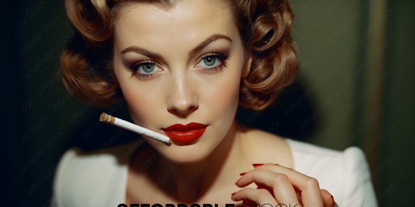 A woman with red lipstick and a cigarette in her mouth