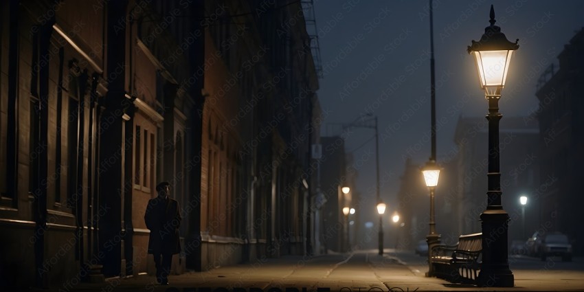 A man walks down a dimly lit street at night