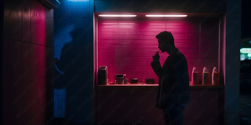 Man smoking a cigarette in front of a pink wall