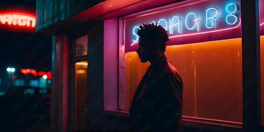 A man in a leather jacket standing in front of a neon sign