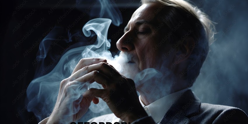 A man smoking a cigarette in a suit
