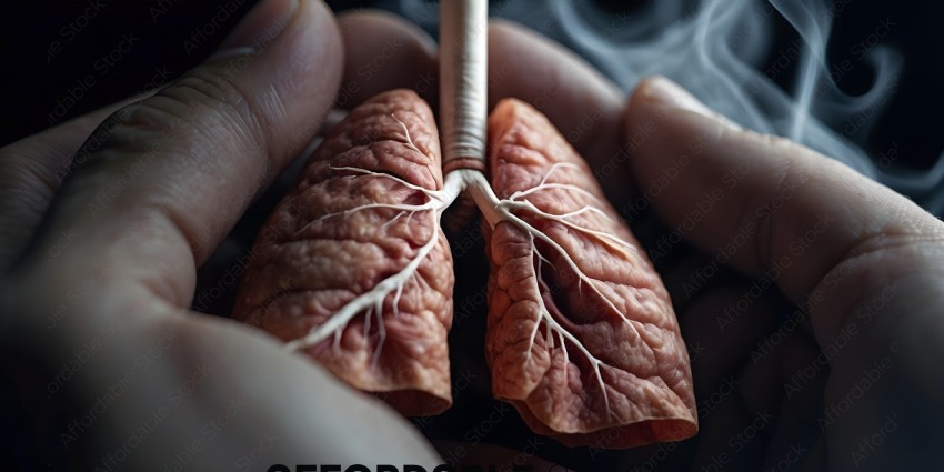 A hand holding a lung with a straw in it
