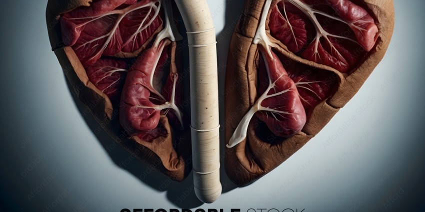 A close up of a pair of lungs with a wooden tube between them