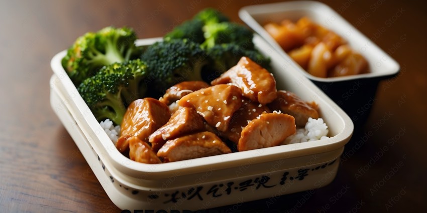 A Chinese meal with chicken, broccoli, and rice