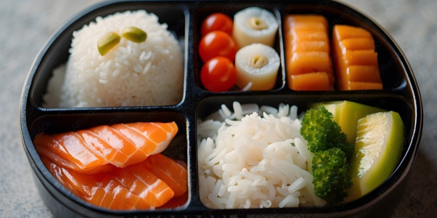 A Bento Box of Rice, Sushi, and Vegetables