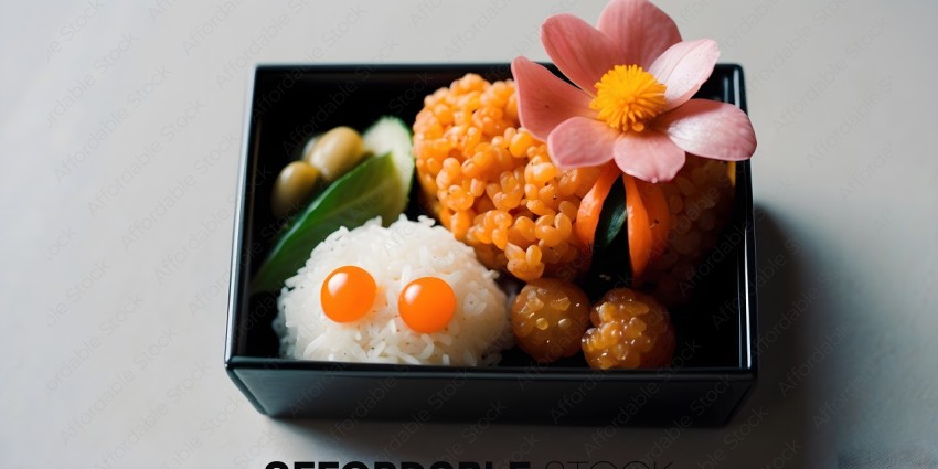 A box of food with a flower and a vegetable