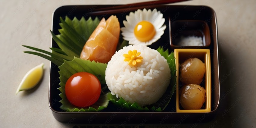 A Japanese meal with rice, tomatoes, and other foods