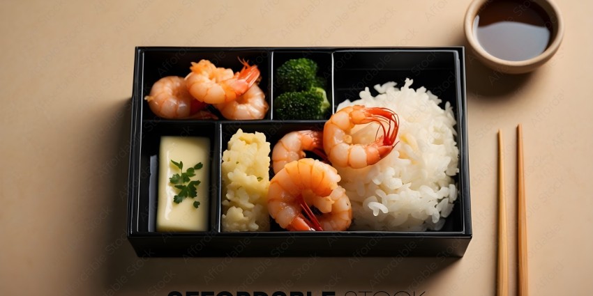 A black square tray with a variety of foods including shrimp, broccoli, and rice