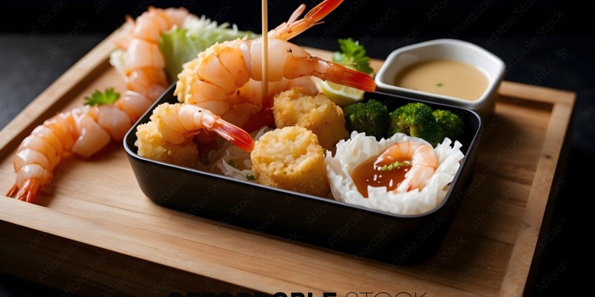 A black tray filled with shrimp, broccoli, and other foods