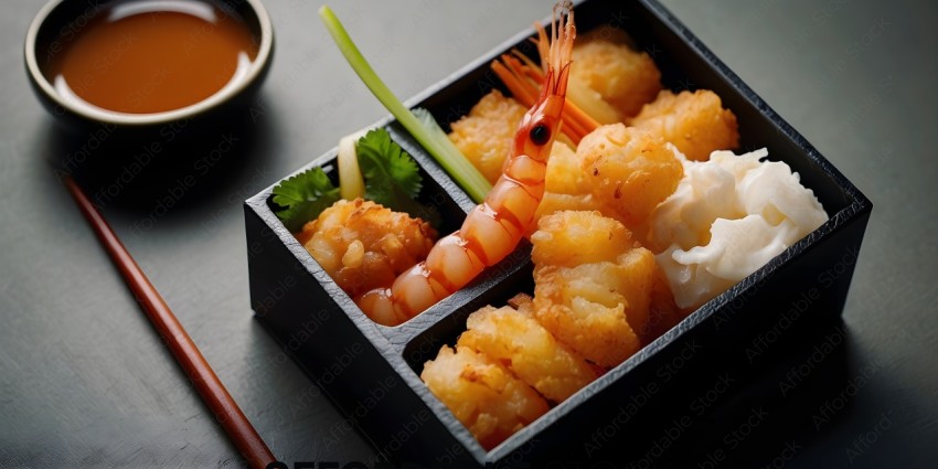 A box of food with a lobster and a shrimp in it