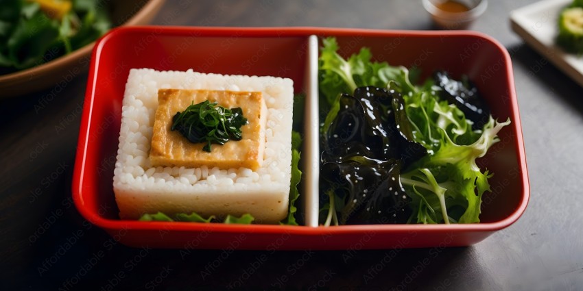 A meal of rice and seaweed salad