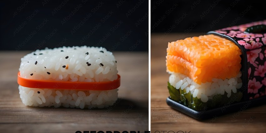 A close up of a sushi roll and a sushi roll with a red band around it