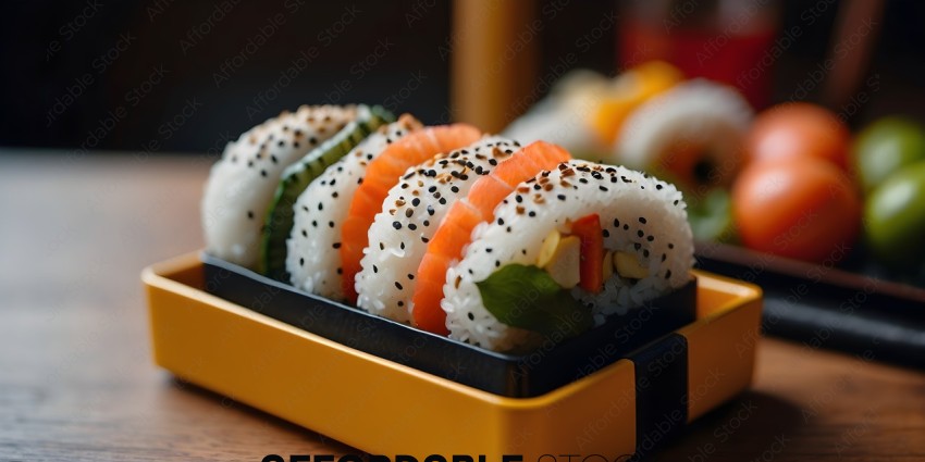 A tray of sushi rolls with rice, vegetables, and seaweed