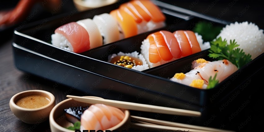 Sushi in a black box with chopsticks