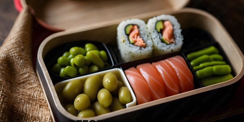 A Bento Box of Sushi, Green Beans, and Other Foods
