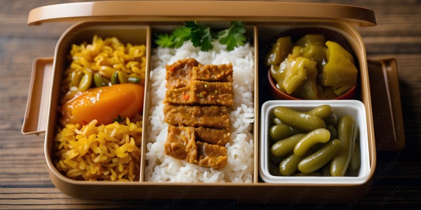 A variety of foods in a box, including rice, beans, and meat