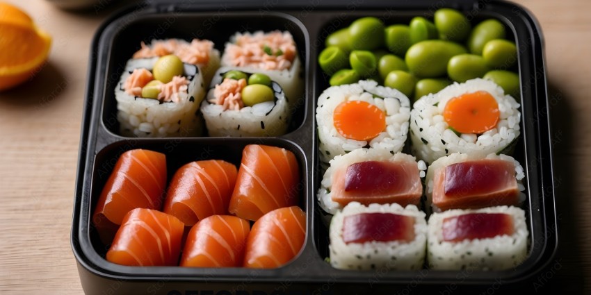 A variety of sushi and vegetables in a tray