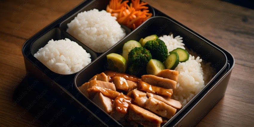 A tray of food with rice, broccoli, and chicken