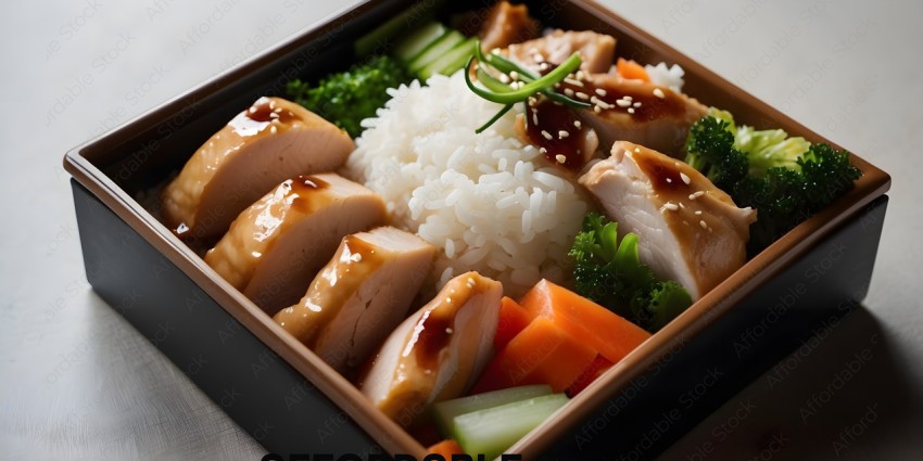 A Bento Box of Chicken, Rice, and Vegetables