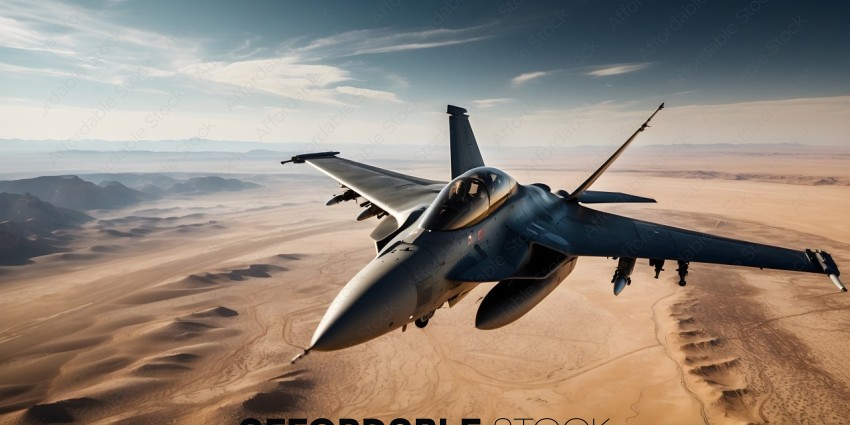 A fighter jet flying over a desert landscape
